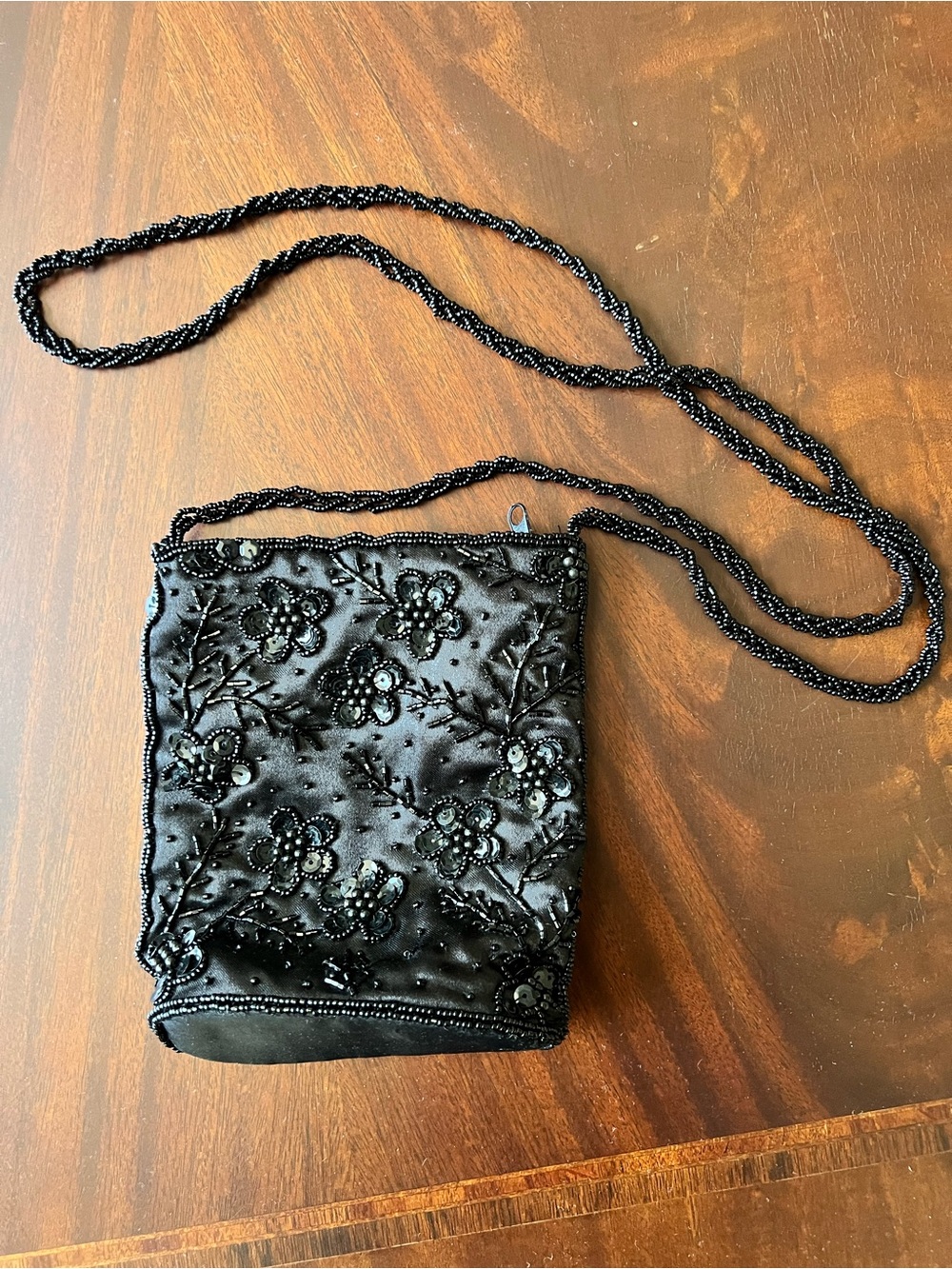 Black Beaded Floral Evening Crossbody Bag